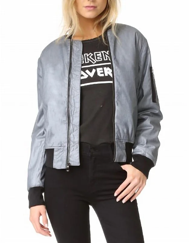Women's Comfortable Lounge Outfit Gene Metallic Puffy Bomber Jacket In Dusted Silver
