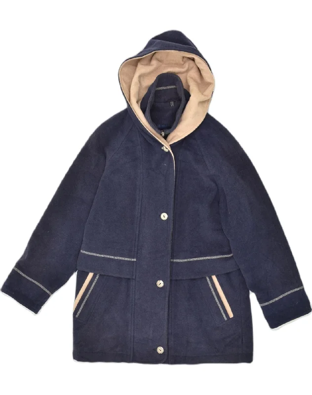 Chic Wardrobe VINTAGE Womens Hooded Overcoat UK 10 Small Navy Blue Polyester