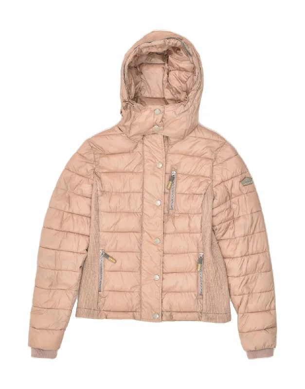 Sales Clothes SUPERDRY Womens Hooded Padded Jacket UK 12 Medium Beige Nylon