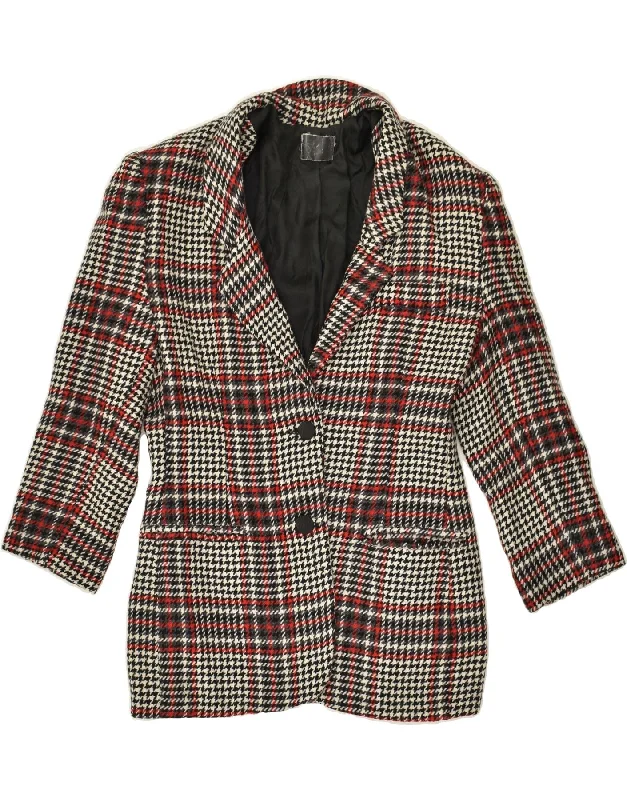 Boho Chic Fashion VINTAGE Womens 2 Button Blazer Jacket EU 42 Large Grey Check Wool