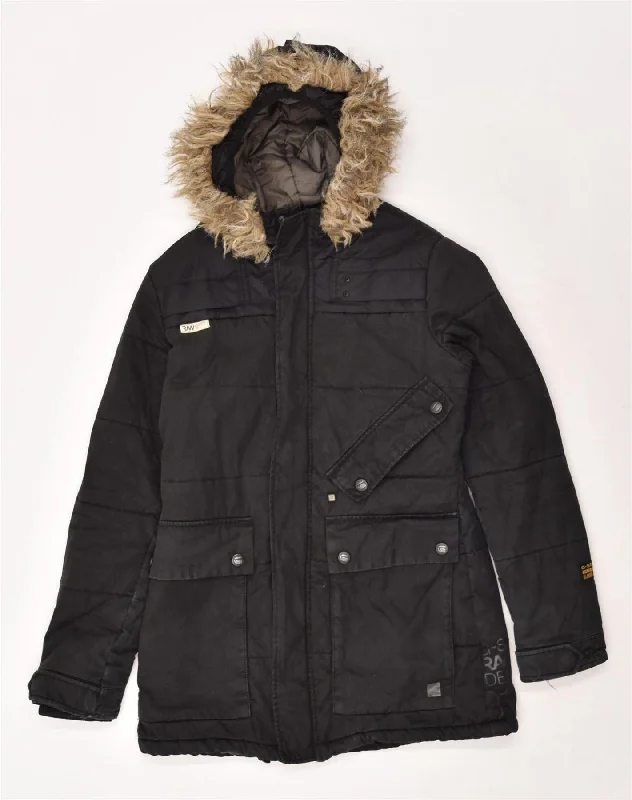 Online Boutiques Clothing G-STAR Womens Hooded Parka Jacket UK 12 Medium Black Cotton