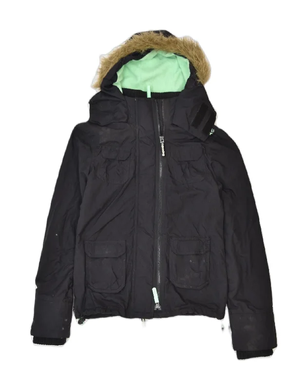 Women's Clothing SUPERDRY Womens Hooded Windbreaker Jacket UK 2 2XS Black Nylon