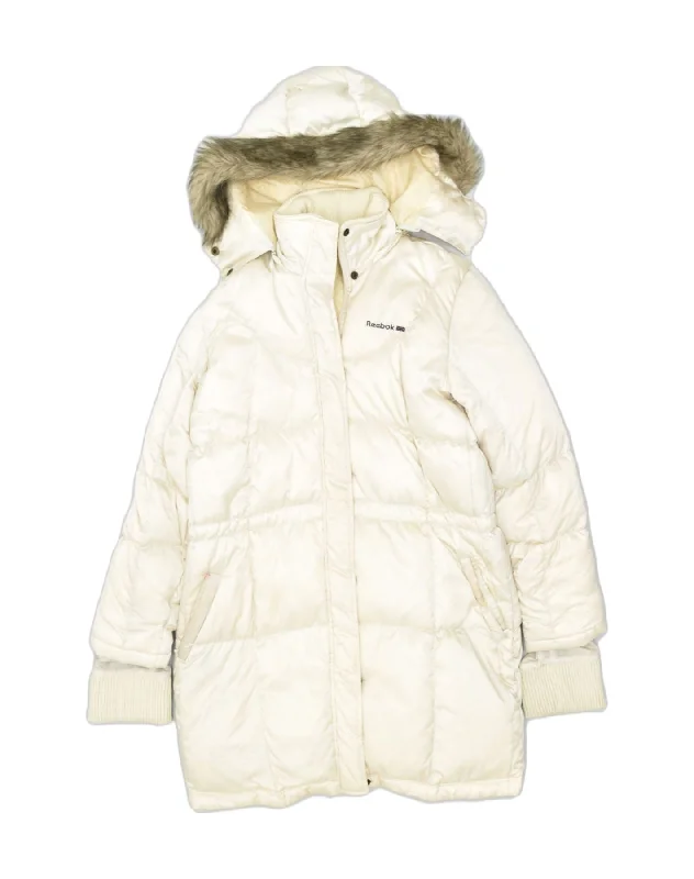 Clothing Sales REEBOK Womens Hooded Padded Coat UK 12 Medium Beige Nylon