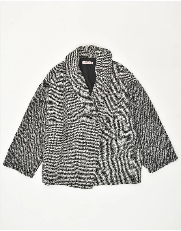 Chic Clothing For Women VINTAGE Womens Oversized Overcoat UK 10 Small Grey Herringbone Viscose