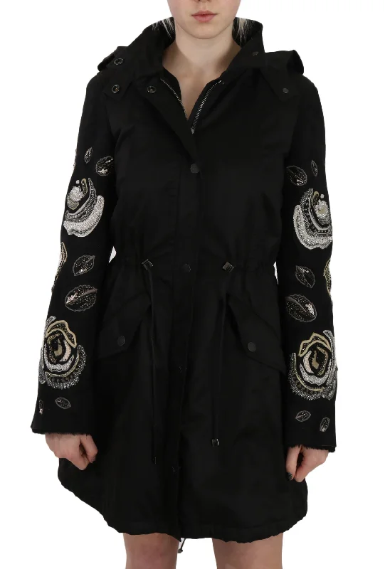 Women's Trendy Clothing John Richmond Floral Sequined Beaded Hooded Jacket Women's Coat Women's Trendy Clothing John Richmond Floral Sequined Beaded Hooded Jacket Women's Coat