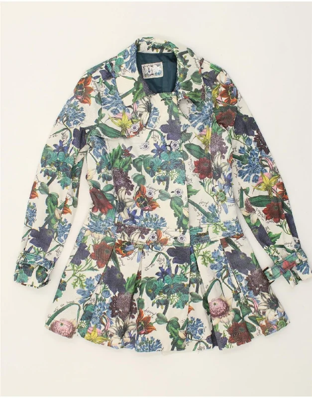 Edgy Fashion DESIGUAL Womens Double Breasted Coat EU 38 Medium Multicoloured Floral