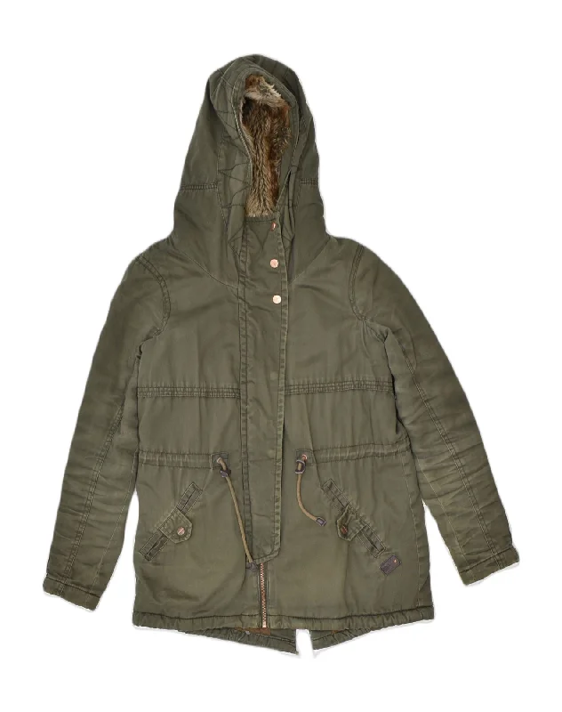 Discount Store ONLY Womens Hooded Parka Jacket UK 6 XS Khaki Cotton