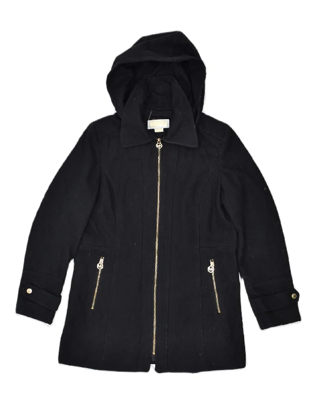Athleisure Wear VINTAGE Womens Hooded Overcoat UK 12 Medium Black Wool
