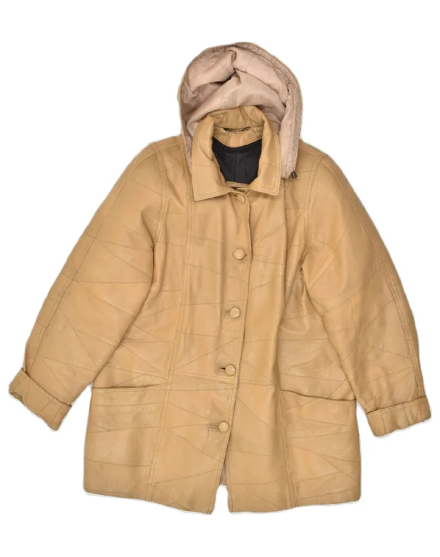 Clothes For Women VINTAGE Womens Hooded Leather Coat UK 18 XL Beige Geometric Leather