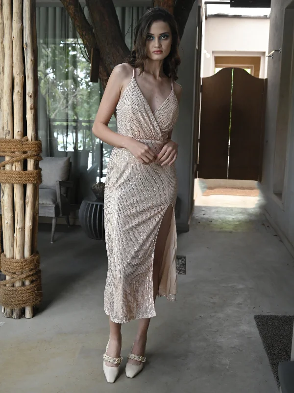 Flash Sale Odette Women Beige Net Lycra And Sequins Padded Side Slit Long Stitched Dress
