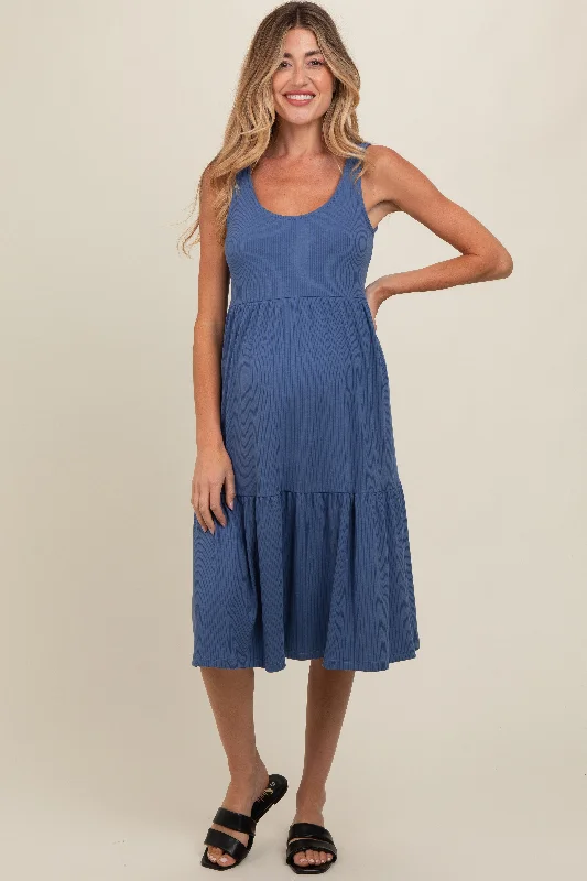Hollywood Glam Award - Show Style Blue Tiered Sleeveless Maternity Midi Dress