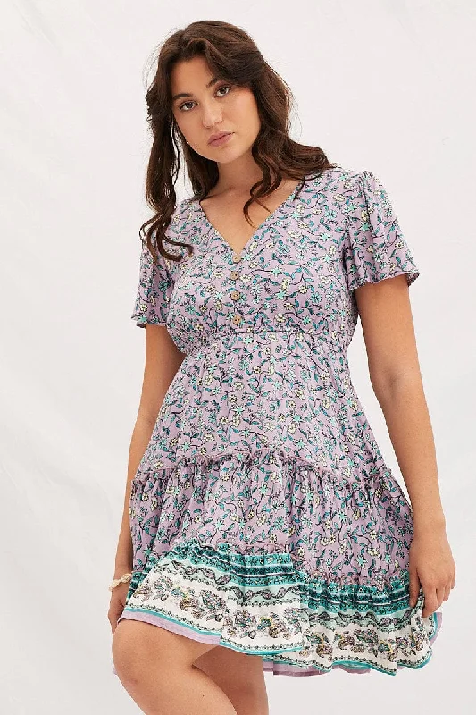 Limited Quantities Boho Print V-Neck Short Sleeve Mini Skater Dress