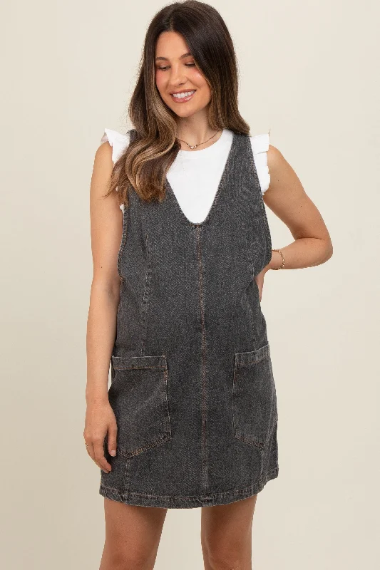 Save On Classic Elegant Styles Charcoal Denim Front Pocket Maternity Skirt Overalls