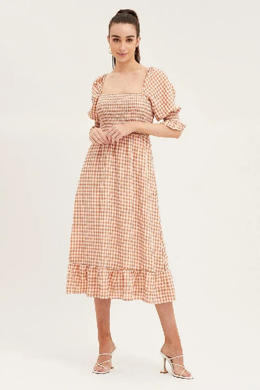 Feminine Soft - Hued Styles Check Shirred Bust Midi Dress