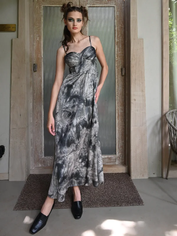 Grab Romantic Date - Night Styles Now Odette Women Grey Satin Printed Partywear Stitched Dress With Spaghetti Straps Grab Romantic Date - Night Styles Now Odette Women Grey Satin Printed Partywear Stitched Dress With Spaghetti Straps
