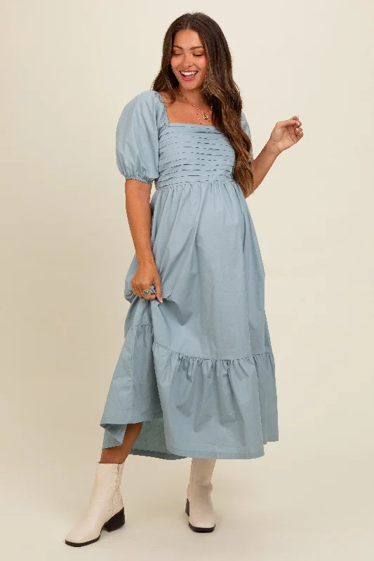 Fashion For Every Occasion Light Blue Pleated Bodice Puff Sleeve Maternity Midi Dress Fashion For Every Occasion Light Blue Pleated Bodice Puff Sleeve Maternity Midi Dress