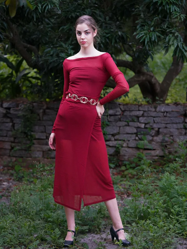 Now On Sale For Chic Urban Styles Odette Women Maroon Polyester Gauze And Lycra Belted Long Stitched Dress With Slip Now On Sale For Chic Urban Styles Odette Women Maroon Polyester Gauze And Lycra Belted Long Stitched Dress With Slip