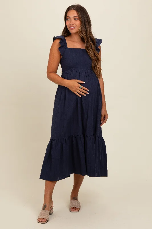 Luxury Fashion for Women Navy Blue Textured Cotton Ruffle Strap Maternity Midi Dress