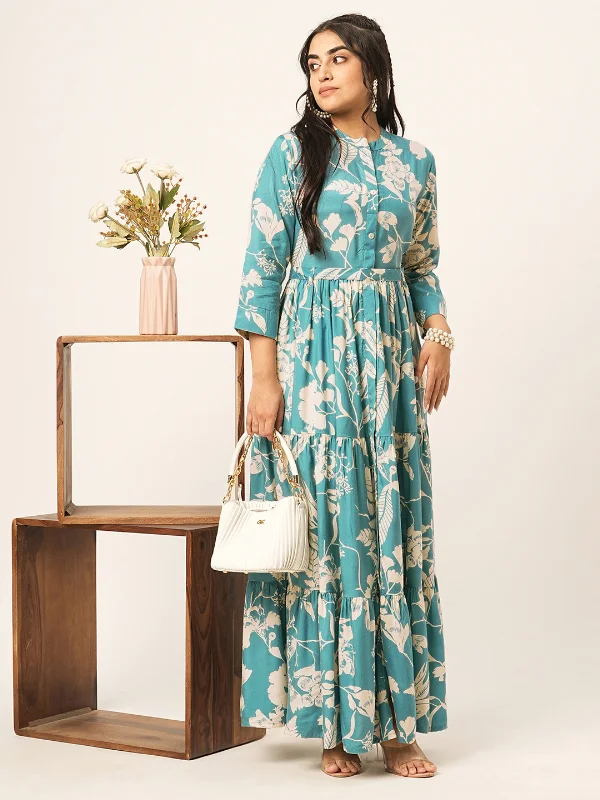 Premium Quality Garments Odette Blue Muslin Printed Indo Western Dress For Women