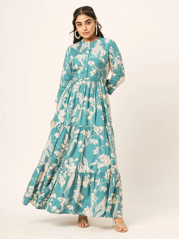 Father's Day Deals Odette Blue Printed Cotton Stitched Indo Western Dress for Women Father's Day Deals Odette Blue Printed Cotton Stitched Indo Western Dress for Women