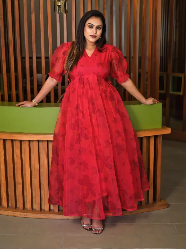 Chic Outfits Odette Red Organza Printed Indo Western Dress For Women