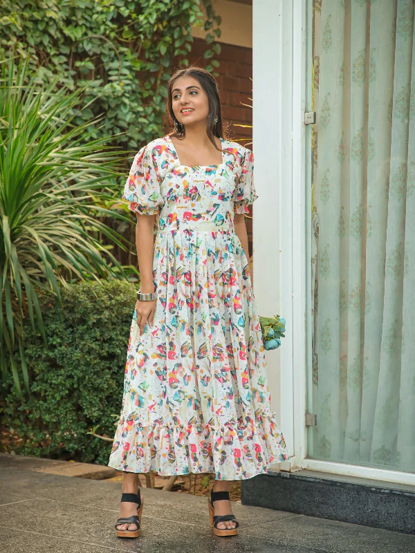 Statement Piece Odette White Georgette Stitched Printed Indo Western Dress For Women Statement Piece Odette White Georgette Stitched Printed Indo Western Dress For Women