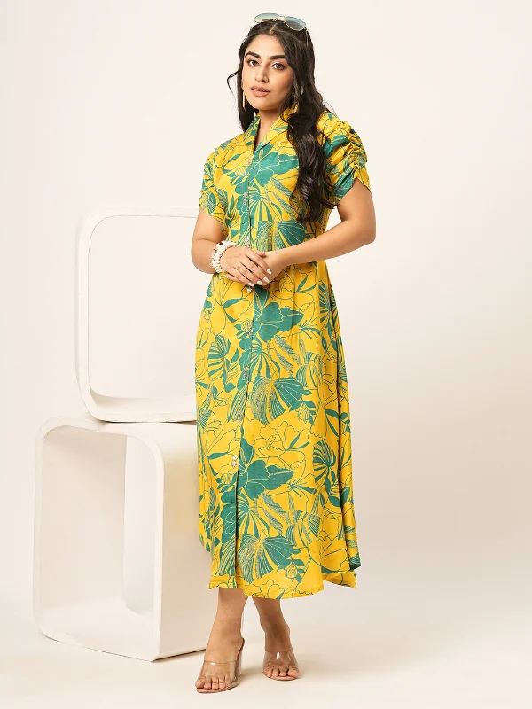 Catch Every Fashion Trend Odette Yellow Cotton Printed Indo Western Dress For Women Catch Every Fashion Trend Odette Yellow Cotton Printed Indo Western Dress For Women