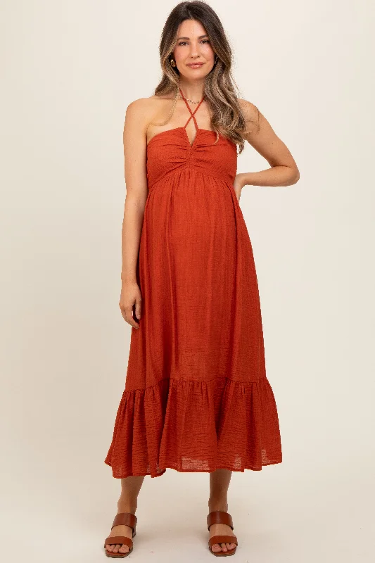 Big Savings Rust Halter Maternity Midi Dress