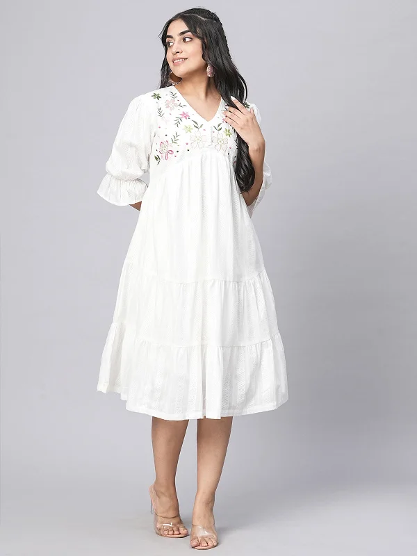 Bid Farewell To The Old Season Odette White Cotton Embroidered Fit and Flared Stitched Indo Western Dress for Women Bid Farewell To The Old Season Odette White Cotton Embroidered Fit and Flared Stitched Indo Western Dress for Women