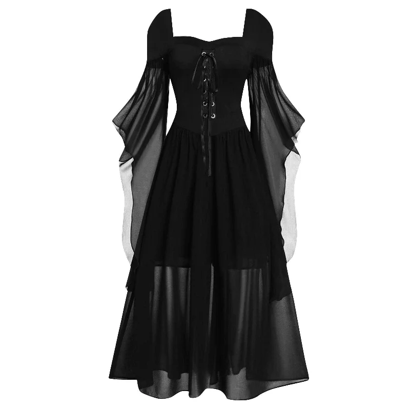 Update With Cottagecore Styles Women's Gothic Contrast Color Lace-up Witch Dress