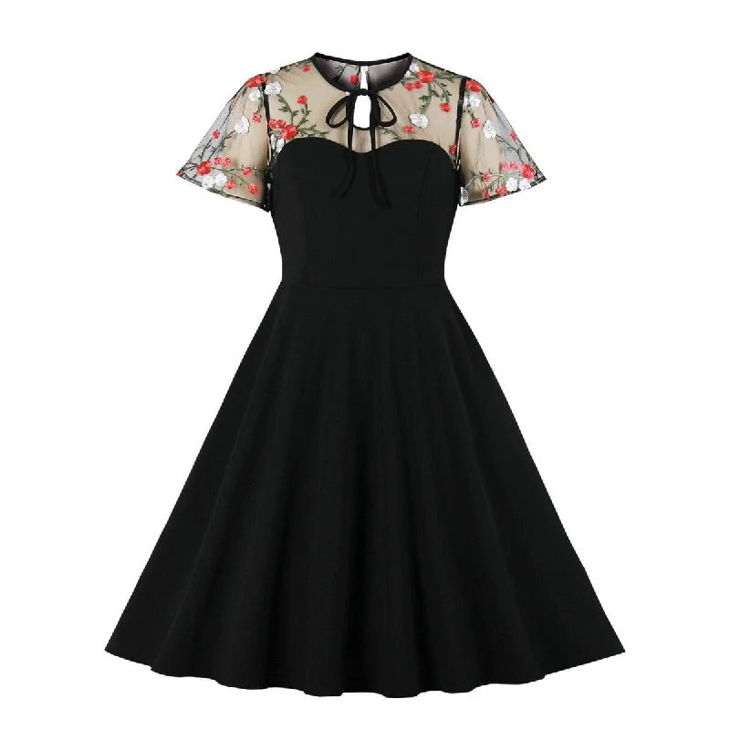 Mid Season Sale Women's Gothic Floral Embroidered Mesh Splice Honeymoon Dress