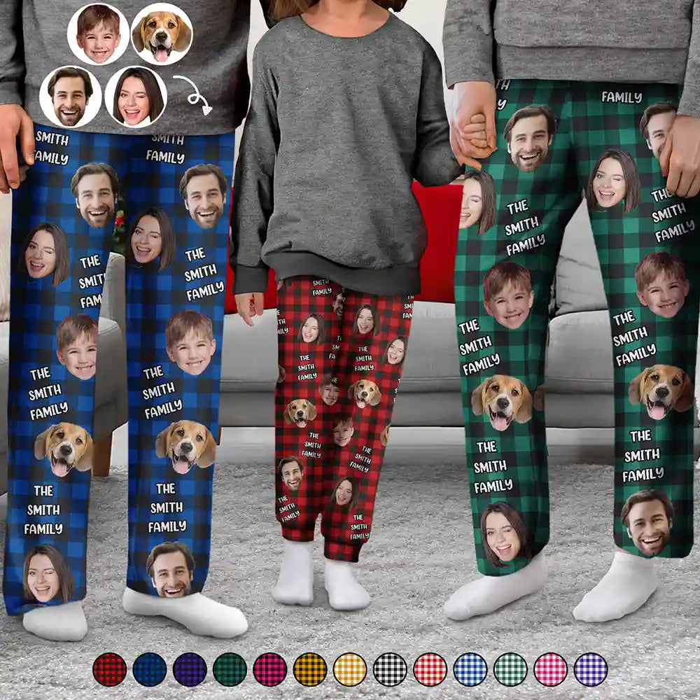 Custom Photo Funny Family Pet Face Plaid Pattern - Personalized Pajama Pants